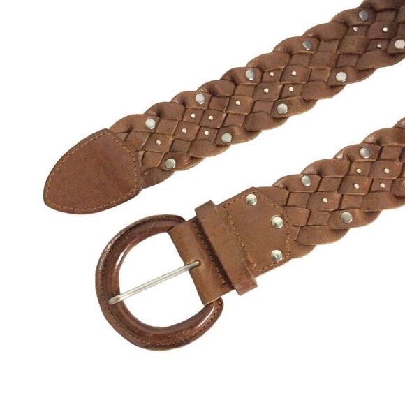 Old Navy Womens Belt Size Medium Brown Leather Braided Woven Studded Boho Hippie - Picture 2 of 3